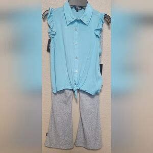 DKNY Girls Aqua Top And Gray Flare Bottoms 2 Piece Set Size M 8/10